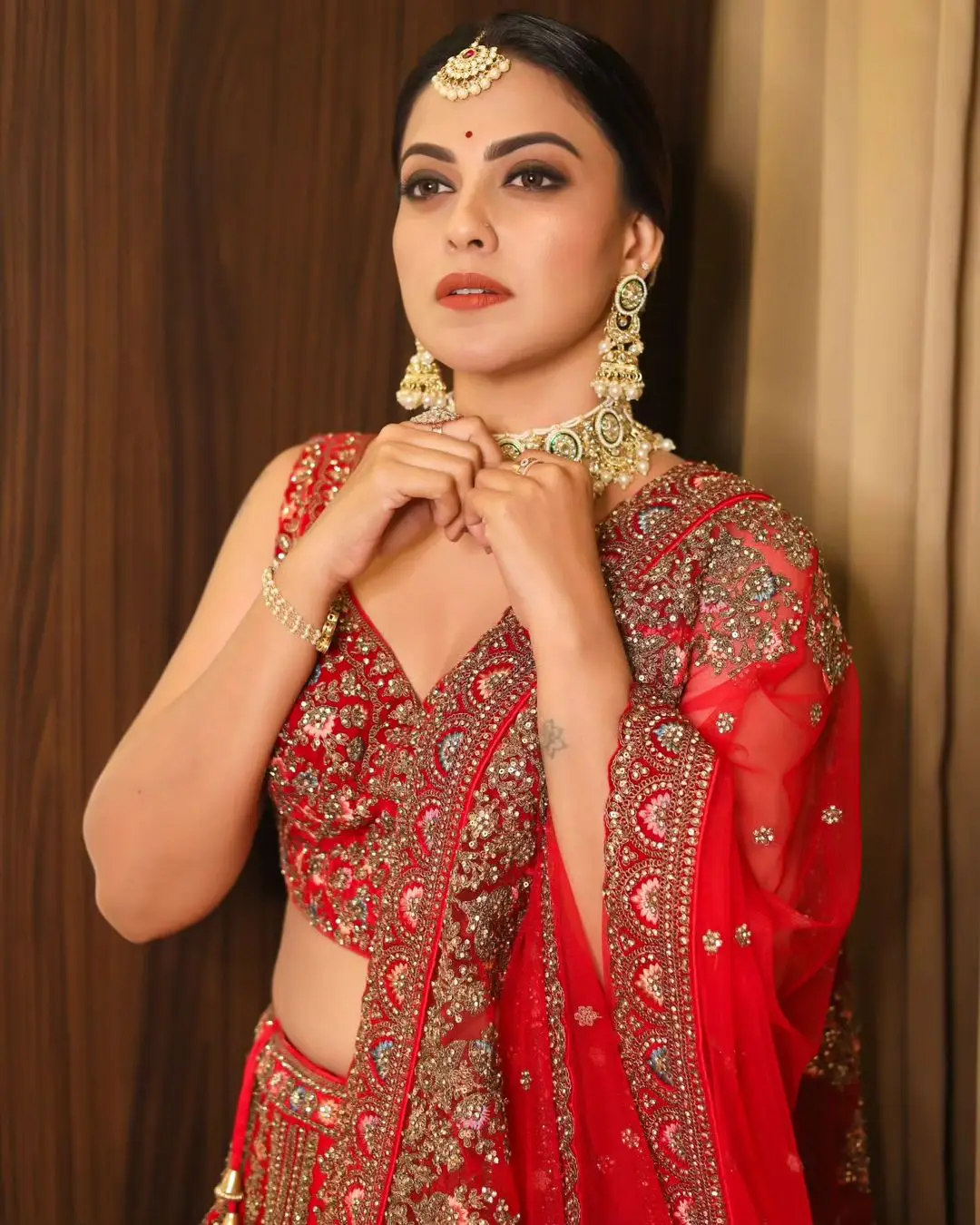 Anusree Nair Wearing Beautiful Earrings Jewellery Red Lehenga Choli